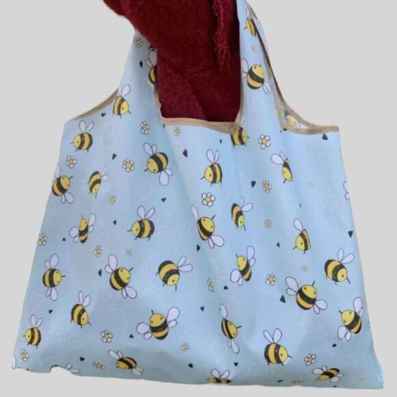 Bee Blue Nylon Shopping Tote Large Capacity Folding Bag - Picture 2 of 4